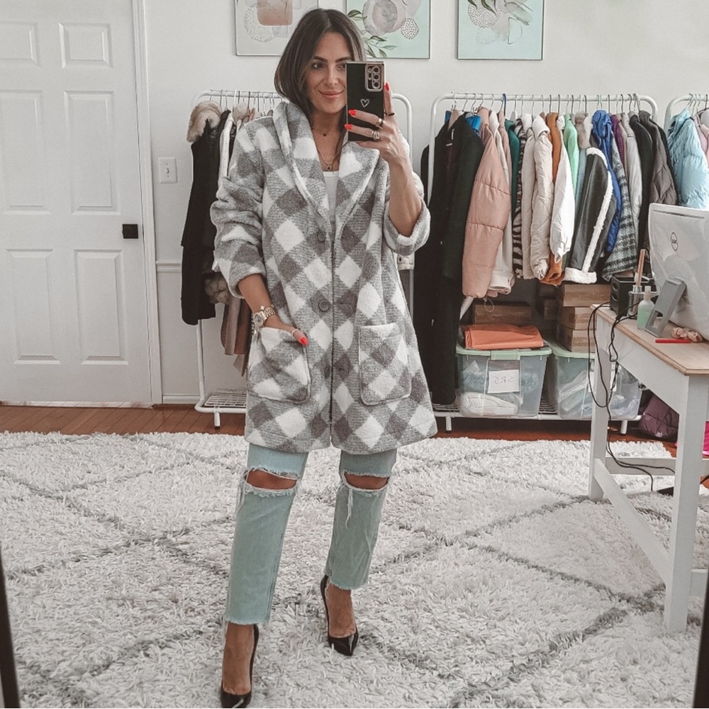 Plaid sherpa faux fur jacket